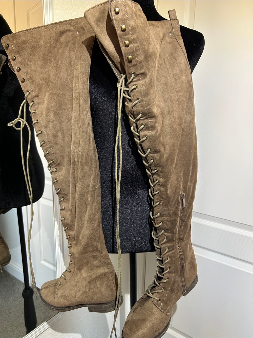 TOP Moda Taupe Lace-Up Over-The-Knee Suede Boots
